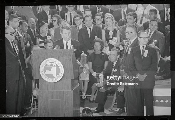 Seated behind Kennedy are his three-year-old daughter, Kerry; his wife, Ethel; and New York City Mayor Robert F. Wagner.