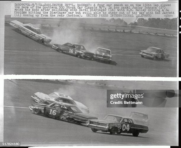 Darlington International Raceway: A four car smash up on the 150th lap slowed the pace of the Southern 500 Stock Car Classic 9/7. In top panel,...