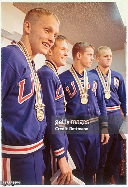 Mike Austin, Olympic swimmer 1964- with other winners of the men's 400 meter freestyle relay swim. Left to right: Don Schollander, Gary Inman, Austin...