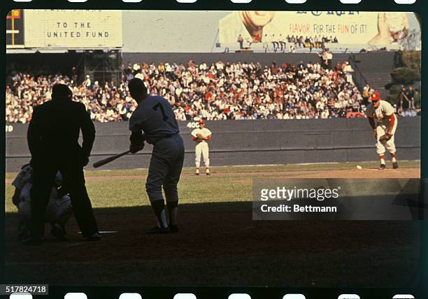 Mickey Mantle at bat during the Yankees vs. Cardinals game.