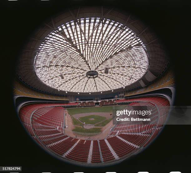 Houston, Tex.: A double round effect created in this "fisheye" view of the baseball diamond under the dome covered astrodome stadium. The roof of the...