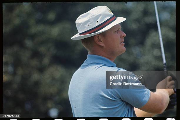 Augusta, Ga.: Jack Nicklaus on practice tee prior to third round in Masters Golf Tournament.