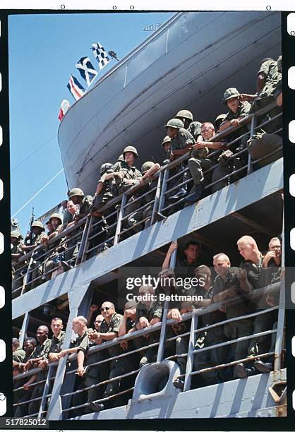 Arrival of troop ship USS General Leroy Eltringe July 29th at camp Ranh Bay with troops of 101st. Airborne Division crowded on decks.