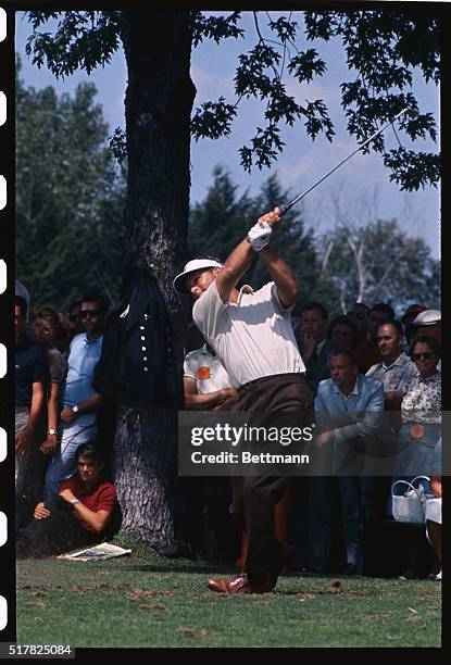 Harrison, N.Y.: Arnold Palmer tees off on 16th tee during July 29th first round of play in Thunderbird Golf Tournament at Westchester Country Club.