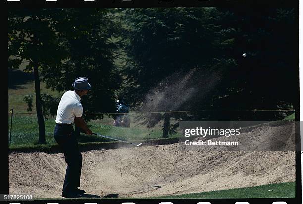 Harrison, N.Y. Juan "Chi-Chi" Rodriguez tees off, blast out of sand trap and putts on 5th hole during July 29th first round of play of Thunderbird...