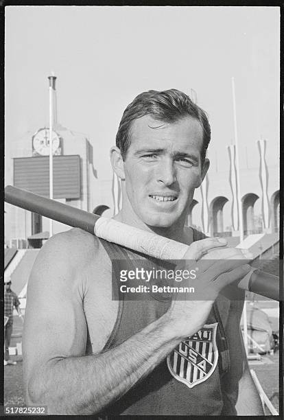 Los Angeles, California: John Pennel at the Los Angeles Coliseum just after he set a world record 17-feet, 6 1/4 inches pole vault in the Los Angeles...
