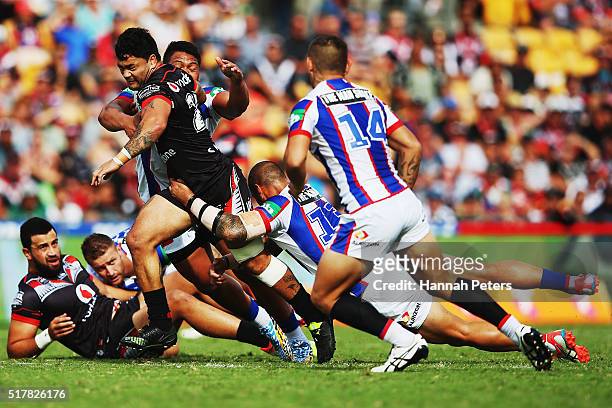 Isaac Luke of the Warriors charges forward during the round four NRL match between the New Zealand Warriors and the Newcastle Knights at Mt Smart...