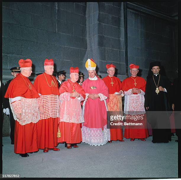 Left to right: Patrick Cardinal O'Boyle of Washington, D.C.; Richard Cardinal Cushing of Boston; Francis Cardinal Spellman of New York; Reverend...