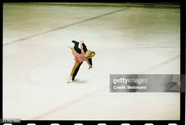 Lyudmila Belousova and Oleg Protopopov of Russia are shown skating in the 1968 Winter Olympics to capture the Gold medal in the Pairs Free Skating...