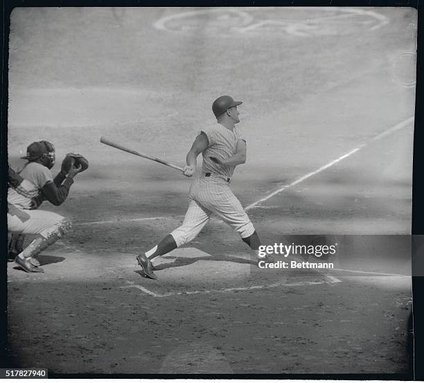 Yankee Roger Maris strikes out in second inning of 10/2/63 Series opener in which Los Angeles Dodger Sandy Koufax set record of 15 wiffs.