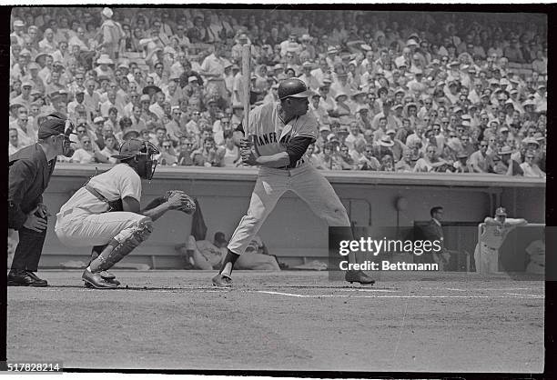 Willie Mays slams his 2,000th hit of his career in the first inning here against the Dodgers, for a double to score teammate Felipe Alou with the...