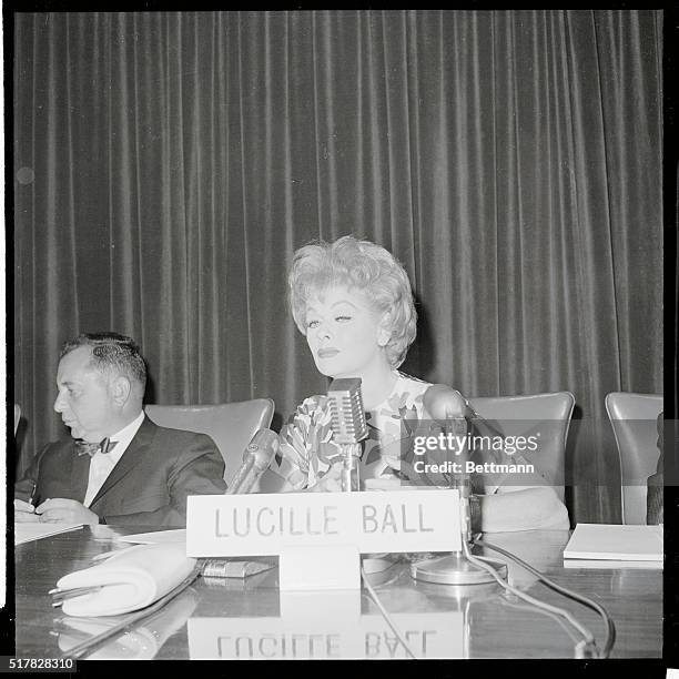 Actress Lucille Ball, President of Desilu Productions Inc., at the annual meeting of stockholders. In chairing her first meeting as president of...