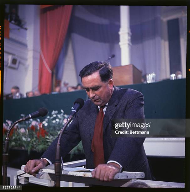 Scarborough, England: Mr. Dennis W. Healy, Socialist member of Parliament for Leeds east, addressing delegates at the 62nd annual Labour Party...