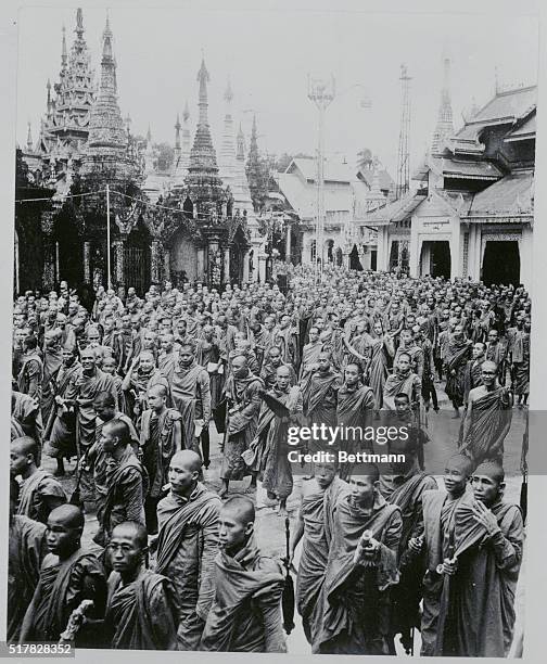 Rangoon, Burma: Burmese Buddhists Held Mass Rally. Over 3,000 Burmese Buddhist monks are marching a procession around the Sheedagon Pagoda here on...