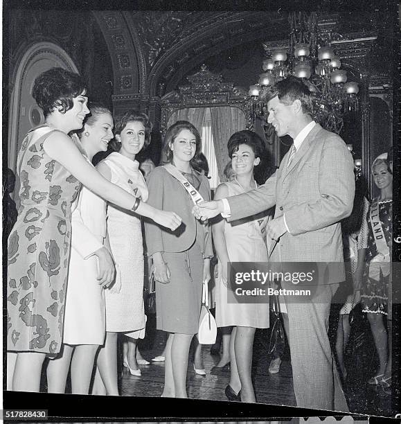 Contestants in the Miss Universe Pageant visited the Capitol today and are shown being greeted by Sen. Robert F. Kennedy. Left to right: Sonia...