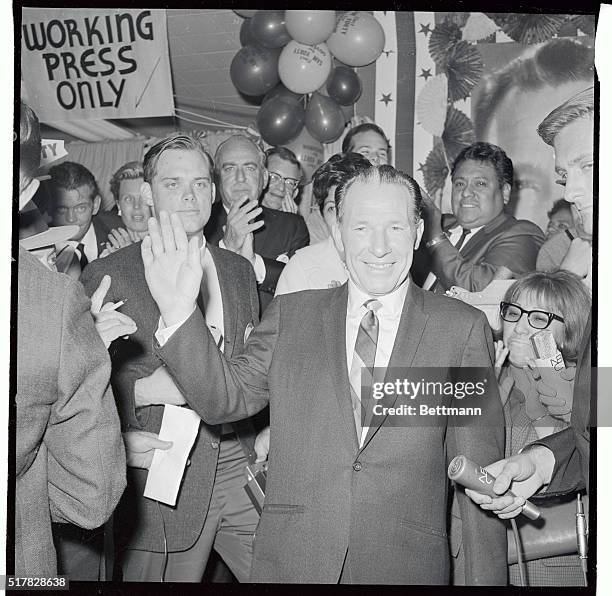 Mayor Samuel Yorty of Los Angeles says goodnight at his headquarters late 6/7 but he refused to concede the nomination for governor to opponent...