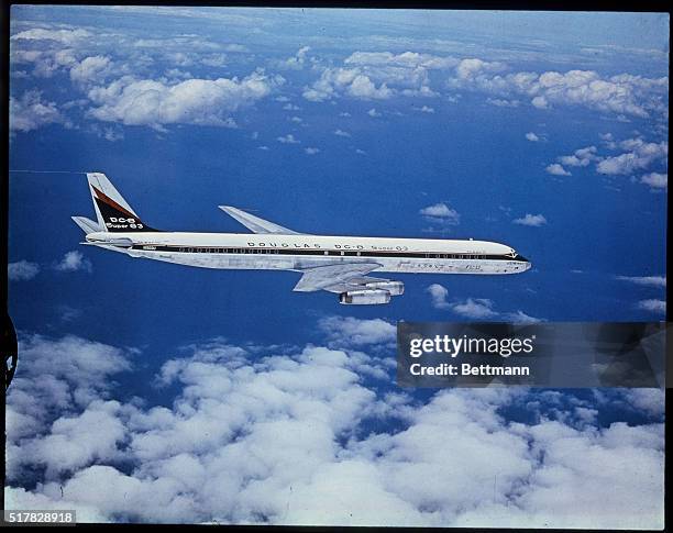 Douglas DC-8 Super 63 jet in flight. 1967.