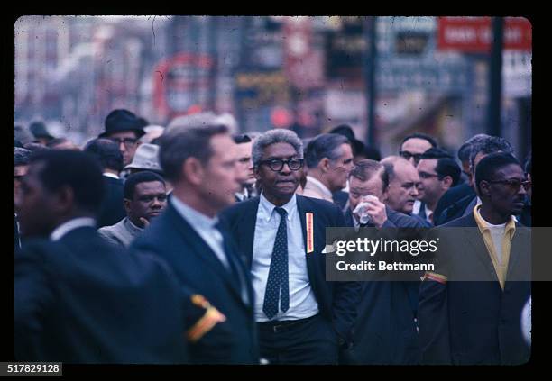 Memphis, Tennessee: Bayard Rustin, an organizer of the memorial march for the slain Dr. Martin Luther King, walking in the first ranks before Mrs....