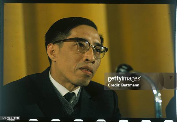 Nguyen Than Le, spokesman for the North Vietnamese delegation at the Paris Peace Talks, during a press conference, November, 1968.