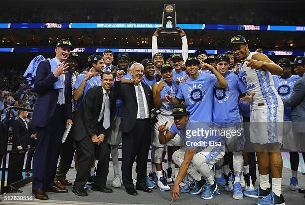 The North Carolina Tar Heels celebrates after defeating the Notre Dame Fighting Irish with a score of 74 to 88 in the 2016 NCAA Men's Basketball...