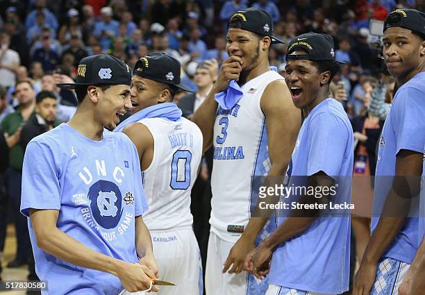 The North Carolina Tar Heels celebrates after defeating the Notre Dame Fighting Irish with a score of 74 to 88 in the 2016 NCAA Men's Basketball...