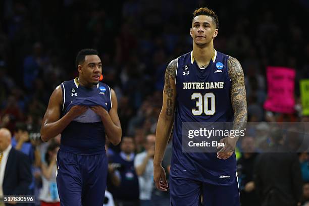 Zach Auguste of the Notre Dame Fighting Irish reacts in the second half against the North Carolina Tar Heels during the 2016 NCAA Men's Basketball...