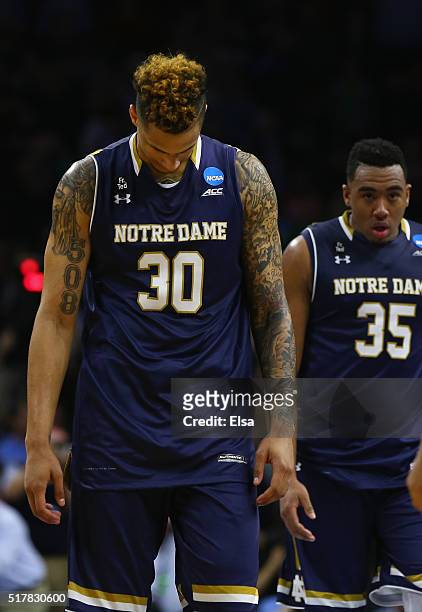 Zach Auguste of the Notre Dame Fighting Irish reacts in the second half against the North Carolina Tar Heels during the 2016 NCAA Men's Basketball...
