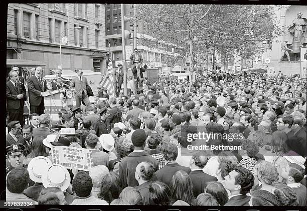 Democratic presidential candidate Hubert H.Humphrey brings his campaign to New York with an address at Herald Square October 21st.