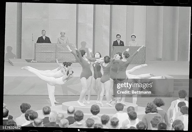 Royal Audience. Tokyo, Japan: A group of male and female students from the Japan Gymnastics University performs gracefully in front of the Emperor...