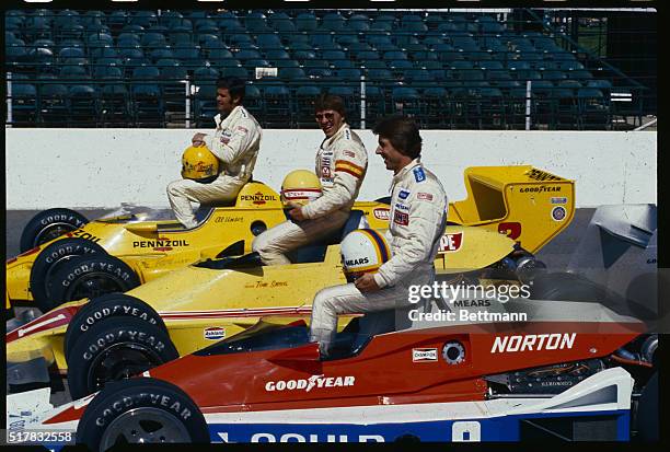 The three starters for Indianapolis 500, back to front: Al Unser, Sr., Tom Sneva, and Rick Mears.