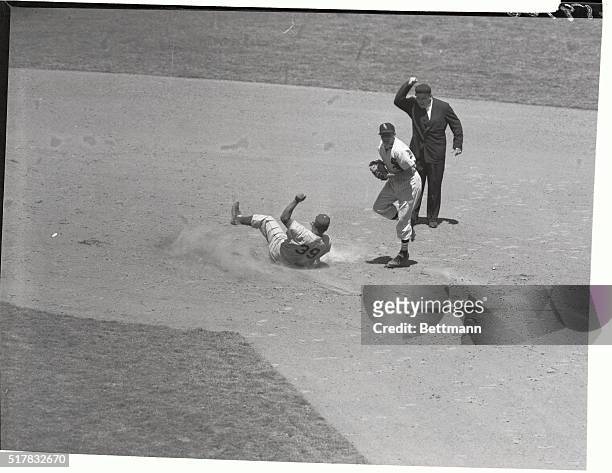 Brooklyn's Roy Campanella is forced at second on Robin Robert's bunt in this third inning action of yesterday's all-star game. Chico Carrasquel of...