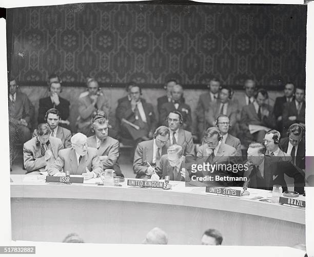Soviet delegate to the U.N. Andrei Vishinsky, left, is shown as he voiced Russia's objection to the U.S. Demand for a U.N. Security council...