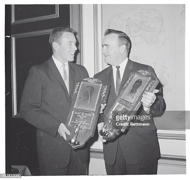 Chicago: Bill Mazeroski, left, Pittsburgh Pirates' second baseman, and Danny Murtaugh, Pirates manager, are shown with trophies they received from...