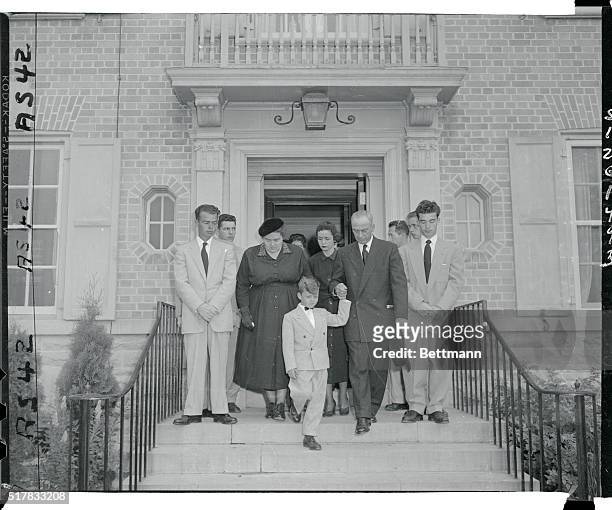 Members of the Dionne family are shown leaving their home here to attend the burial of Emilie, one of the famous Dionne quintuplets, who died at St....