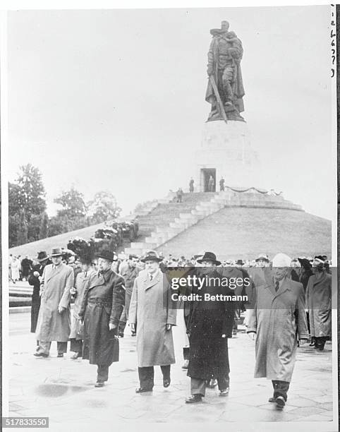 Molotov Visits Red War Memorial in Berlin. East Berlin, East Germany: Soviet foreign minister V.M. Molotov is shown leaving the Soviet war memorial...