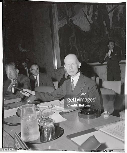 Van Kleffens, the new president of the U.N. General Assembly, is shown with gavel in hand as he presided for the first time today over an assembly...
