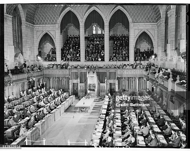 View of the House of Commons chamber in Ottawa as Prime Minister Louis St. Laurent of Canada delivered the welcoming address to representatives of...