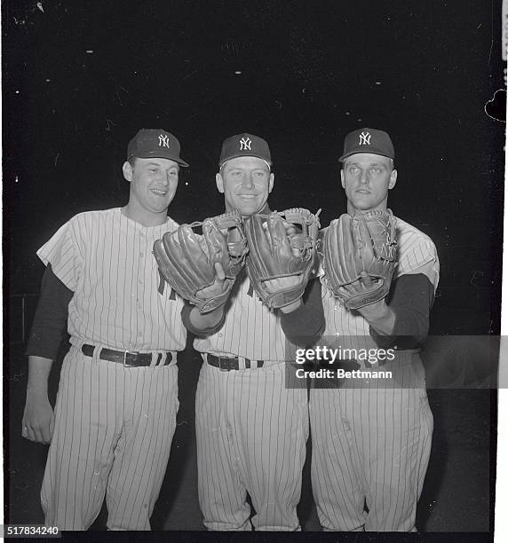 Tom Tresh, Mickey Mantle, and Roger Maris have the situation well in hand here on September 24th, as the Yankees' regular outfield prepares to take...