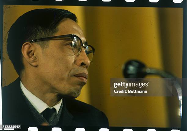 Nguyen Than Le, spokesman for the North Vietnamese delegation at the Paris Peace Talks, during a press conference, November, 1968.