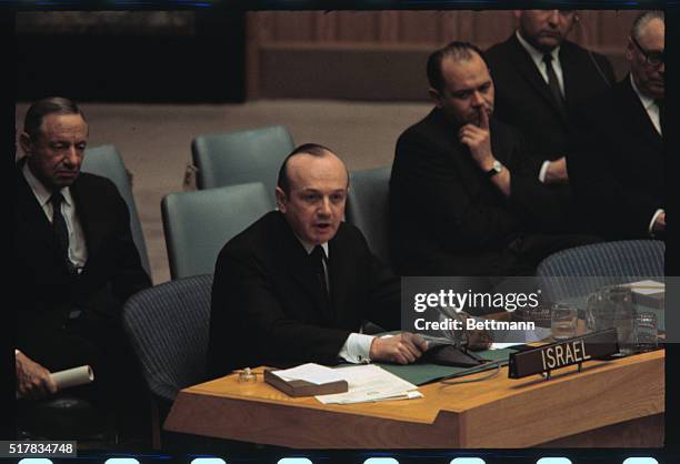 Shown at a meeting at the United Nations is Yosef Tekoah, Israeli Ambassador to the U.N.