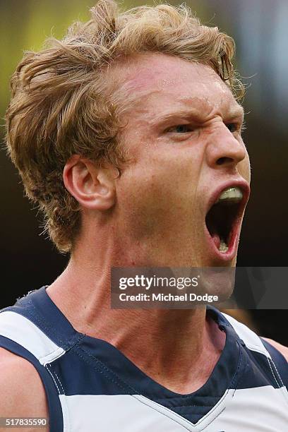 Josh Caddy of the Cats celebrates a goal during the round one AFL match between the Geelong Cats and the Hawthorn Hawks at Melbourne Cricket Ground...