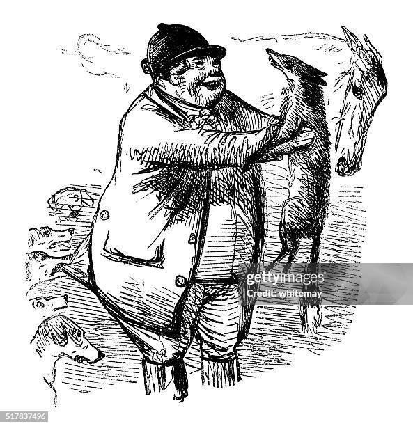happy fox hunting man holding a dead fox - beagle stock illustrations