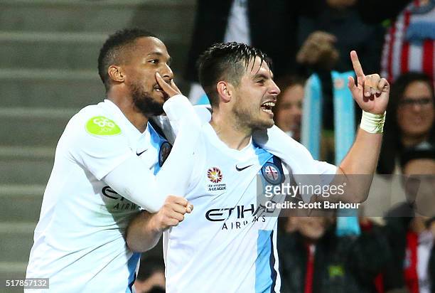 Harry Novillo of City FC celebrates with Bruno Fornaroli after scoring the first goal during the round 25 A-League match between Melbourne City FC...