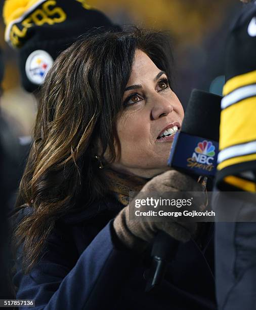 Sports National Football League sideline reporter Michele Tafoya interviews a player after a game between the Indianapolis Colts and Pittsburgh...