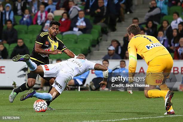 Patrick Kisnorbo of Melbourne City competes for the ball against Roy Krishna of the Phoenix during the round 25 A-League match between Melbourne City...