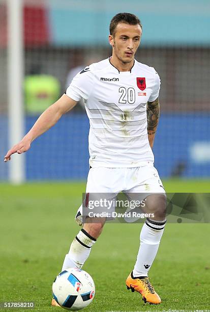 Ergys Kace of Albania runs with the ball during the international friendly match between Austria and Albania at the Ernst Happel Stadium on March 26,...