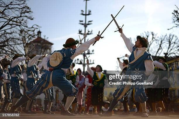 Dancers dressed in traditional clothes perform the "Schwertertanz" during the annual Georgi-Ritt Easter Monday procession in southern Bavaria on...