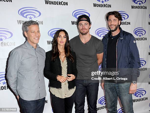 Producer Bradley Fuller, actress Megan Fox, actor Steven Amell and producer Andrew Form promoting " Teenage Mutant Ninja Turtles: Out Of The Shadows"...