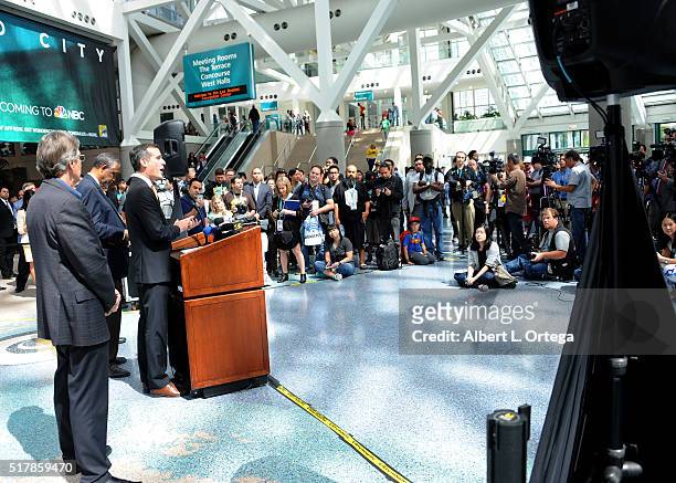 Los Angeles Mayor Eric Garcetti opens the convention at a press conference on Day 1 of WonderCon 2016 held at Los Angeles Convention Center on March...