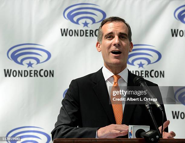 Los Angeles Mayor Eric Garcetti opens the convention at a press conference on Day 1 of WonderCon 2016 held at Los Angeles Convention Center on March...